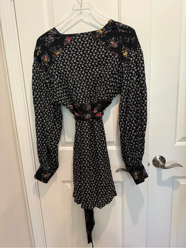 FREE‎ PEOPLE Wonderland Mini Dress Black Floral Mixed Pattern Tie Waist - Image 6