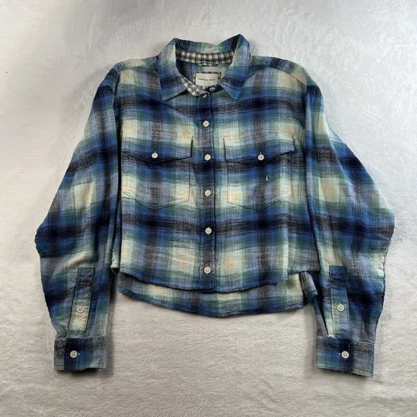American Eagle Sz L‎ Light Flannel Shirt Cropped Boxy Oversized Plaid Button Up - Image 3