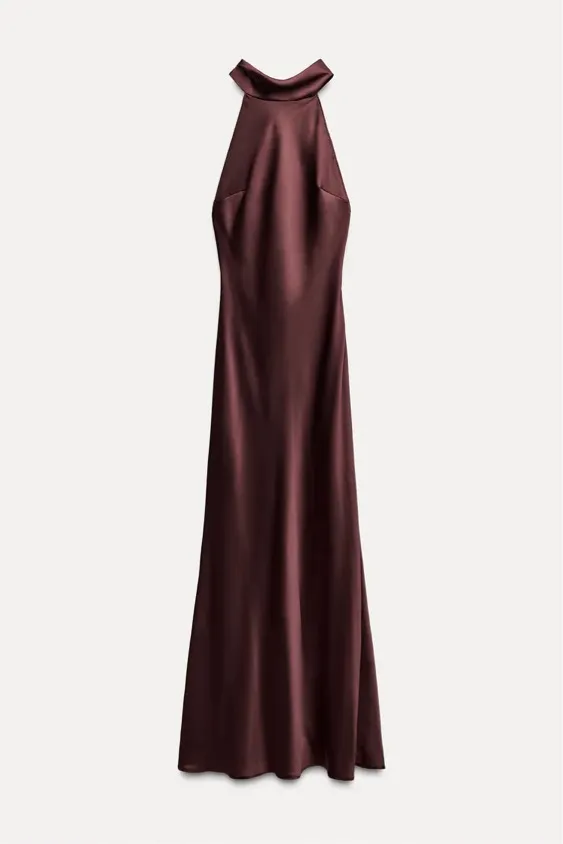 Zara maxi halter scarf satin Elegant Burgundy Brown Evening Wedding Dress - Image 15