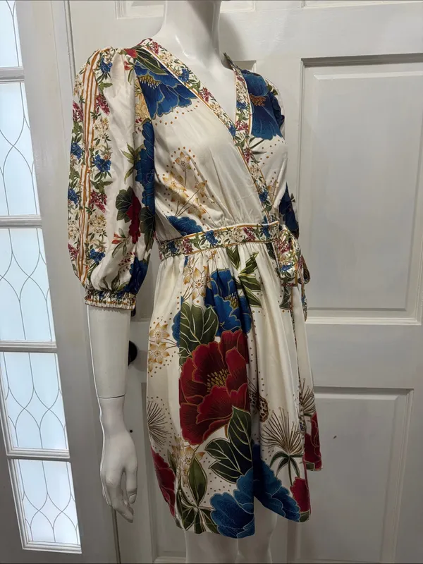 Farm Rio Floral Wrap Midi Dress in Cream with Blue & Red Blooms Size Small - Image 7