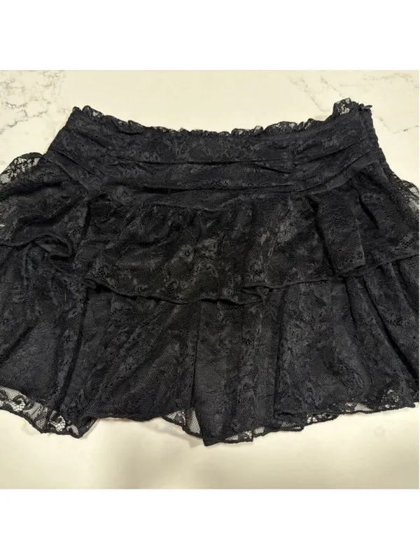 NEW Milumia Y2K Lace Layered Mini Skirt Shorts Ruched Mesh Ruffle S - Image 2