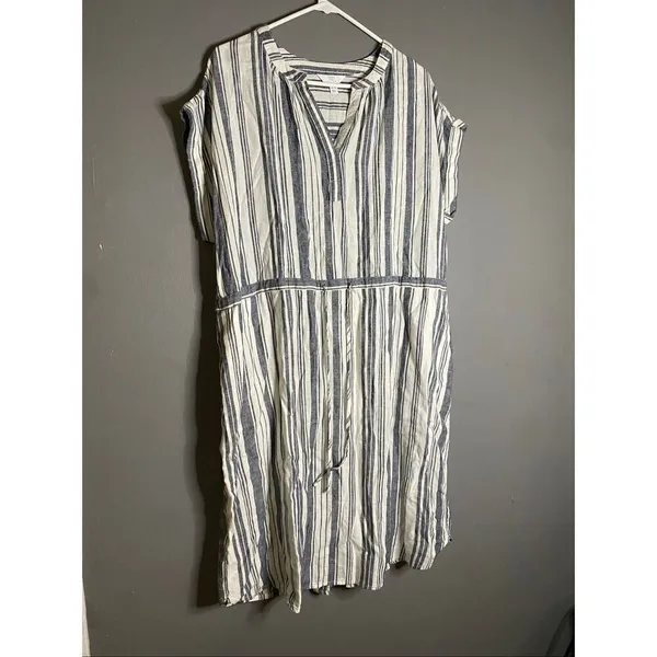 Time & Tru Striped Linen Blend Dress Pockets Coastal Nautical Cottagecore L - Image 2