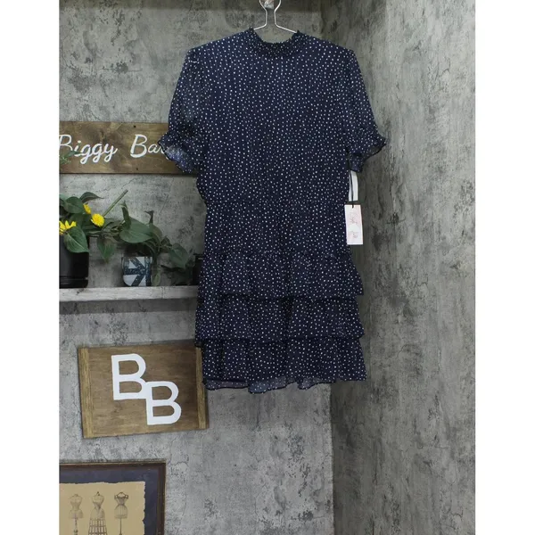 NWT Crystal Doll Short Puff Sleeved Sheer Fit Flare Dress Navy Blue / White L - Image 6