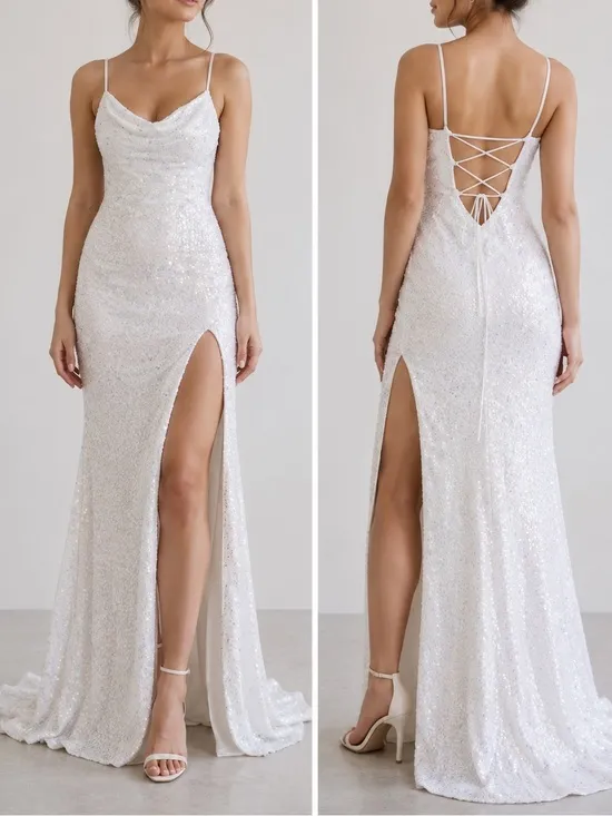Sophia Thomas White Sequin Open Back Cut Out Prom Bridal Glam Maxi Gown Dress - Image 2