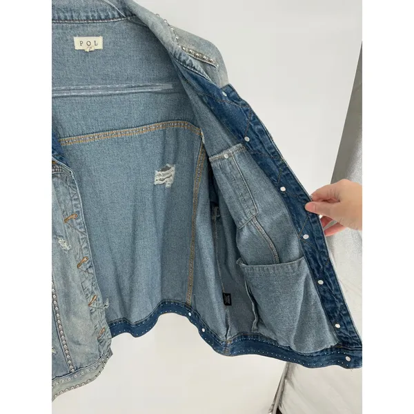 POL Denim Jean Jacket Womens S Blue Studded‎ Distressed Oversized - Image 8