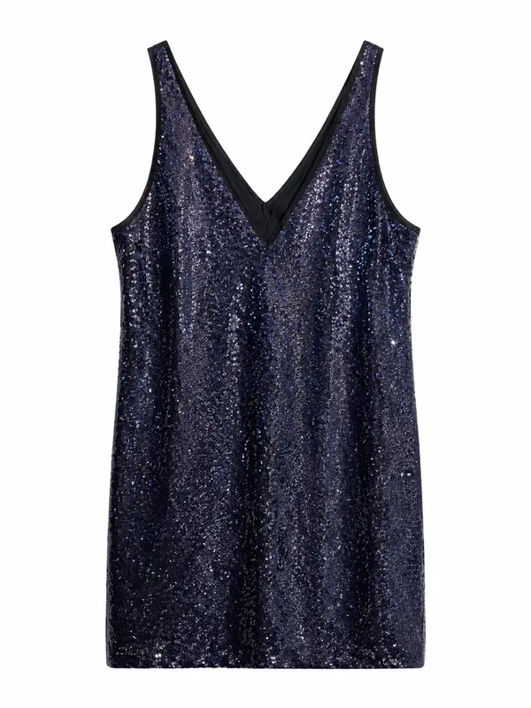 Amanda Uprichard Vita Mini Dress Women M Navy Blue Excellent Sequin V-Neck - Image 2