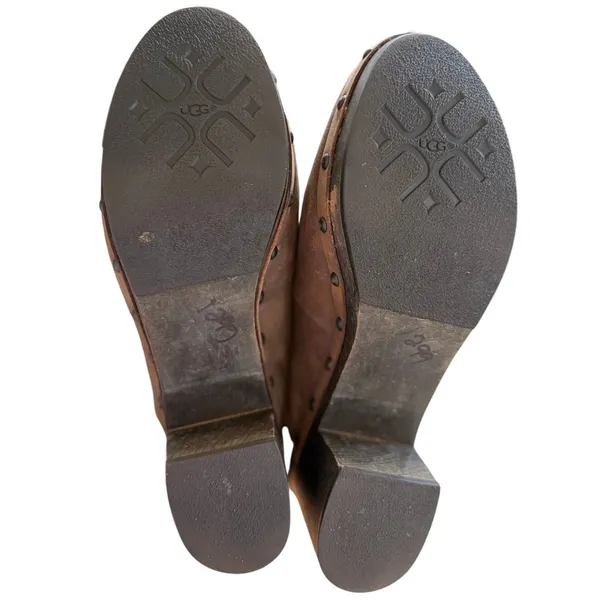 UGG Kassi Brown Leather Studded Chunky Heel Shearling Lined Slip On Clog Mule - Image 7