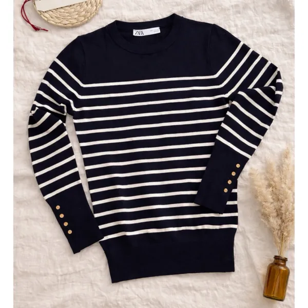 Zara Dark Blue and White Striped Knit Top - Image 2