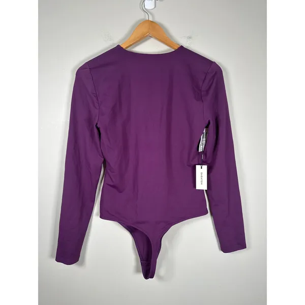 Aritzia Babaton NEW Contour Dewberry Purple Mauve Bodysuit V‎ Neck Long Sleeve L - Image 8