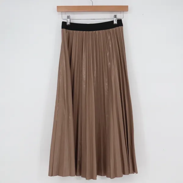 Taupe Bronze Metallic Pleated Midi Skirt Black Elastic Waist Small Accordion - Image 2
