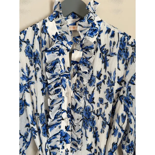 Tory Burch Shirt Dress Belted Sz 0 Blue White Floral Pleated Ruffle High Neck - Image 4