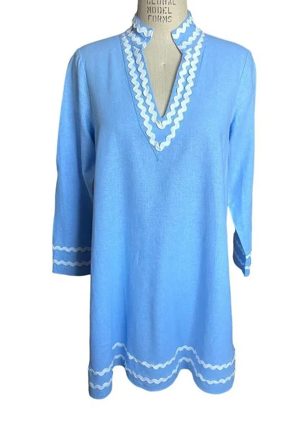 Sail to Sable Long Sleeve Linen Blend Tunic Dress Light Blue Rik Rak Trim Medium - Image 2