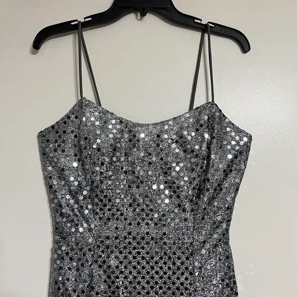Vintage 90s‎ Silver Sequin Maxi Dress Spaghetti Strap Side Slit Gown Size 10 USA - Image 2