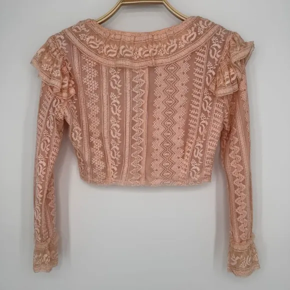 LoveShackFancy Macey Crop Top XS Rosewater Pink Lace Ruffle Long Sleeve Blouse‎ - Image 9