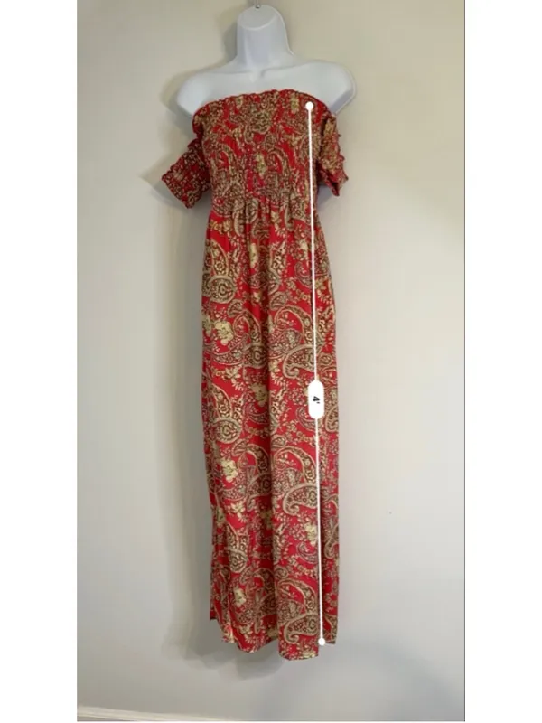 Women's Earthbound Trading Red Beige Paisley Off-Shoulder Maxi Dress XL - Image 7