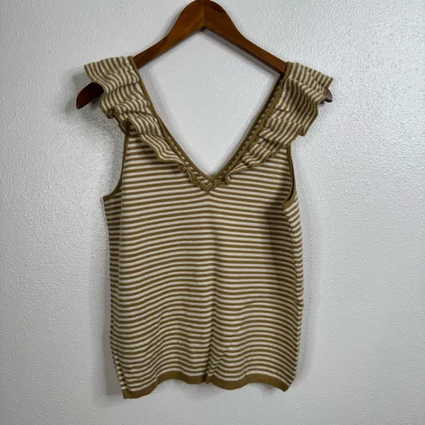 Madewell Belhaven Ruffle Sweater Tank Caramel Stripe Size‎ Large - Image 4