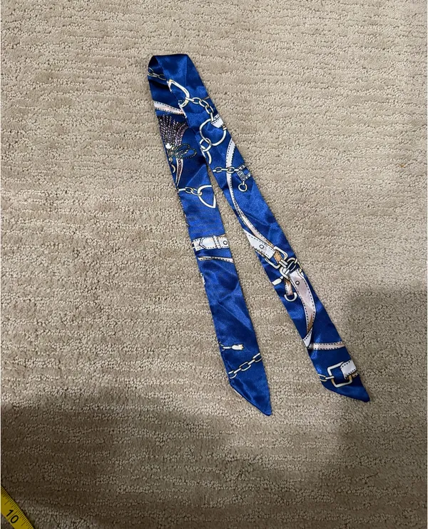 Blue Satin Silk Twilly Scarf With Chain and Belt Print Hair Ribbon Bag Accessory - Image 5