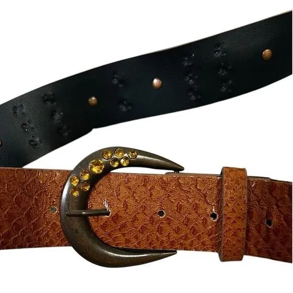 Womens Western Snakeskin Print Rhinestone Studded Belt Brown Boho Size 12 - Image 3