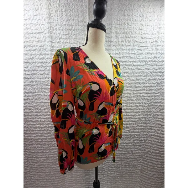 Farm Rio for Anthropologie Toucan Print Wrap Top Orange Yellow Beaded Tassel XS - Image 4