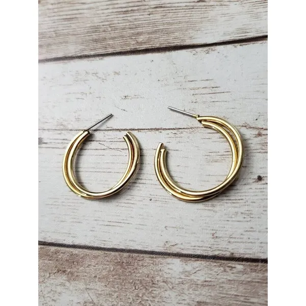 Vintage Earrings For Pierced Ears Gold Tone Double Hoop - Image 2