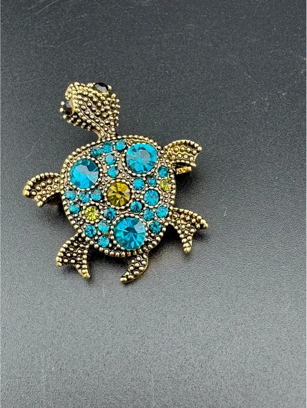 Gold Tone Turtle Brooch with Blue and Green Rhinestones - Image 2