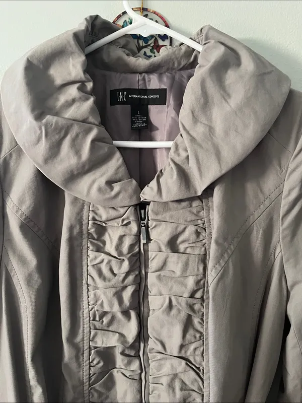 INC International Concepts Taupe Ruffle-Front Trench Coat with Hood - Image 3