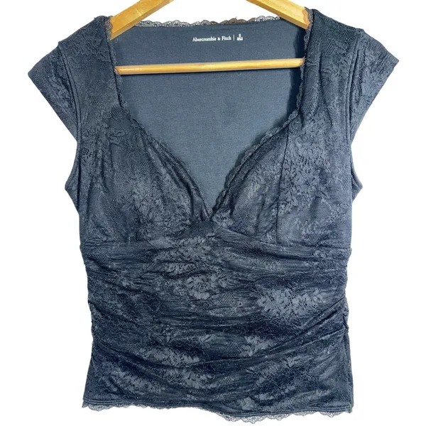 Abercrombie & Fitch Black Floral Lace Ruched Crop Top Blouse Womens Size S Small - Image 2