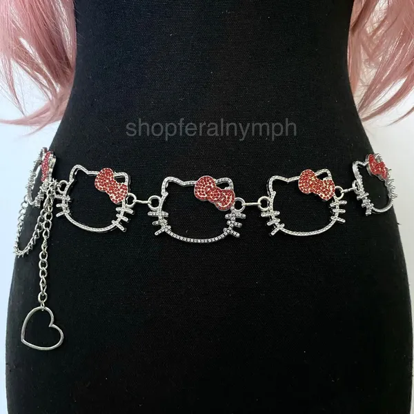 Silver Kawaii Y2K Rhinestone Hello Kitty Chain Belt, Fits 13-38 Inches, X7GA1400 - Image 3