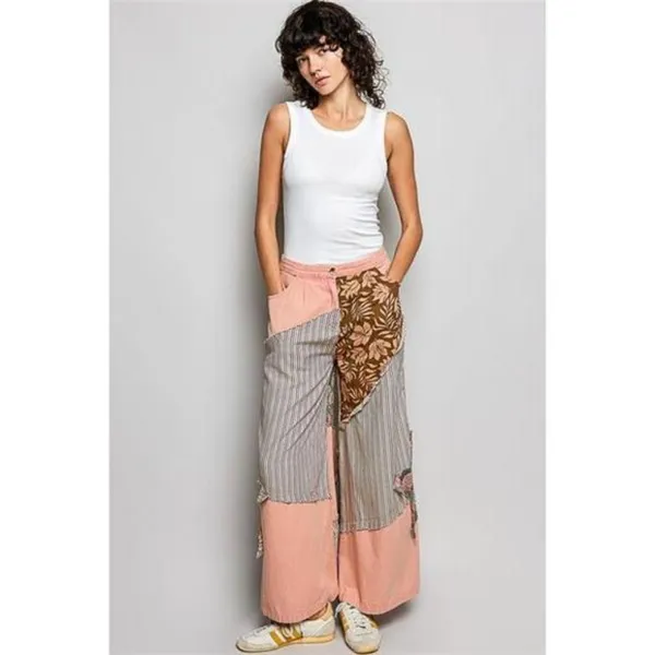 POL Striped Floral Patchwork Wide leg Pants with Side Big Star‎ Patch - Image 4