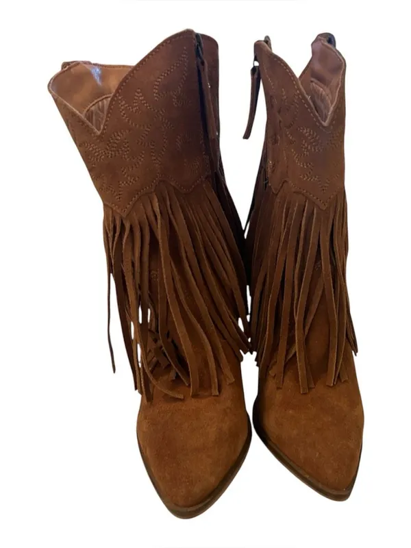 DINGO Crazy Train Fringe Embroidered Snip Toe Cowboy Booties Camel,Size 9.5 NWOT - Image 4