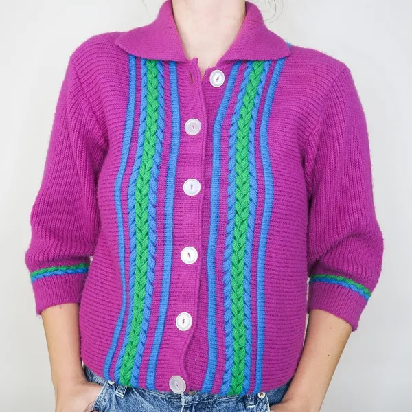 Vintage 70s Purple Collared Cardigan Sweater - Image 3