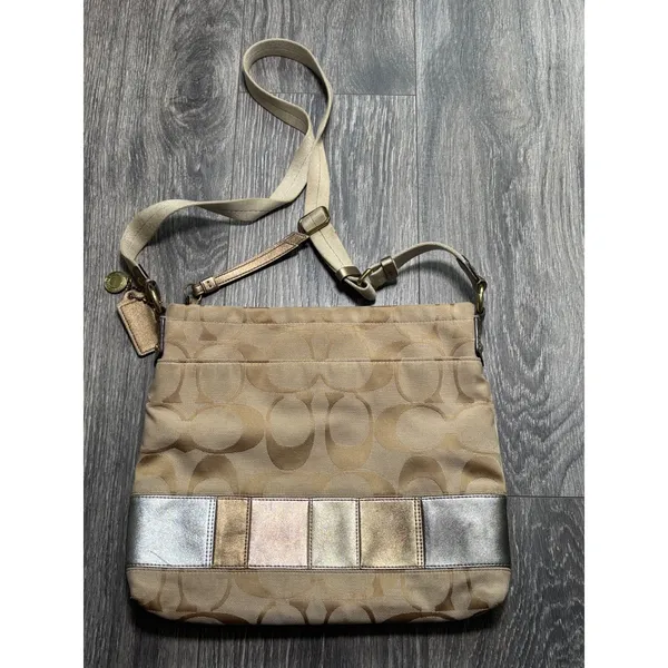 Vintage Coach Signature Metallic Patchwork Crossbody Bag Khaki Gold F19209 - Image 3