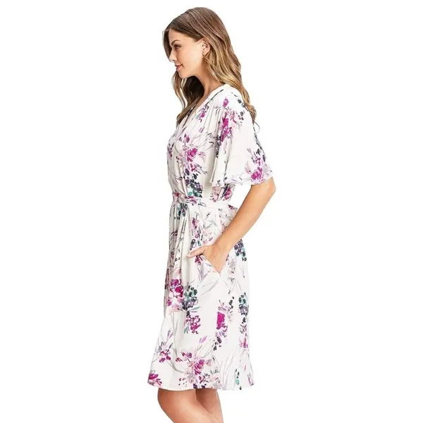 NEW Lovestitch floral midi dress SMALL short flutter sleeves Pockets pink - Image 2