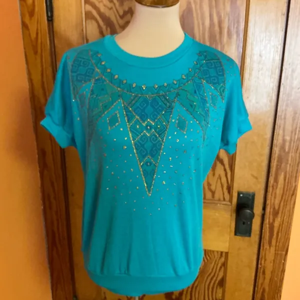Vintage 80s Teal Gold Glitter Geometric Graphic Top Metallic Print Shirt - Image 6