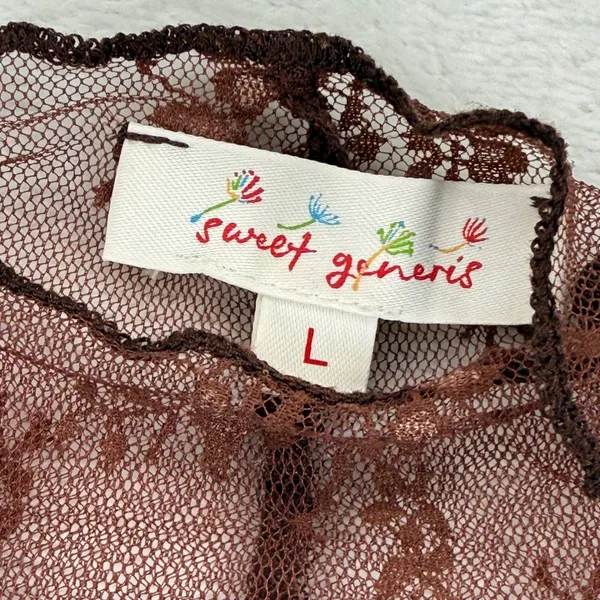 Sweet Generis‎ Womens Brown Sheer Floral Lace Mock Neck Long Sleeve Top Large - Image 2