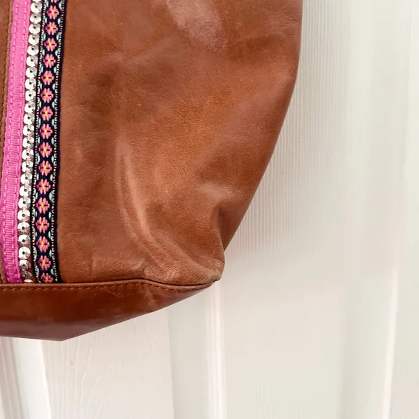 The Sak Tan Leather Patchwork Fabric Embellished Boho Top Zip Shoulder Tote Bag - Image 5