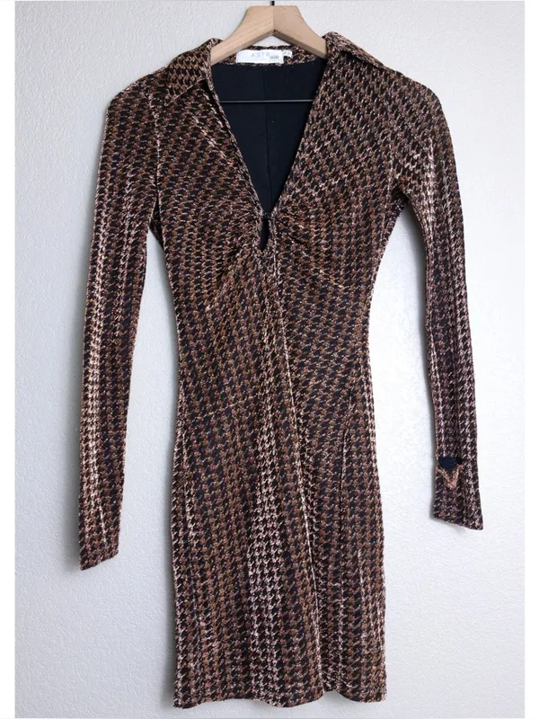 ASTR Nia Metallic Houndstooth Mini Dress XS Copper Black Vneck Jersey Stretch - Image 5
