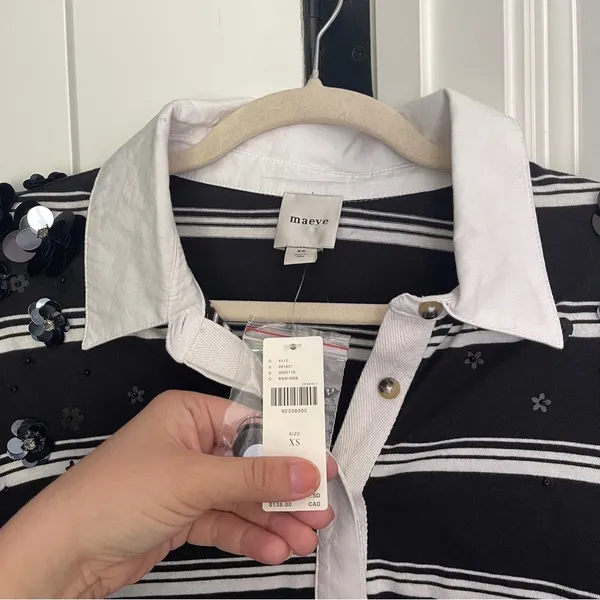 NWT Maeve Anthropologie‎ It Girl Polo Top Black White Stripe Long Sleeve Top - Image 5