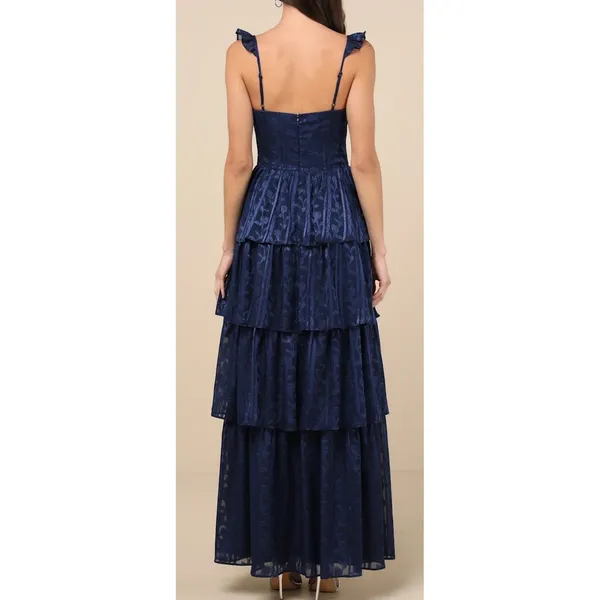 NWT Lulus Size XS Stunning Glory Navy Blue Floral Jacquard Tiered Maxi Dress - Image 2