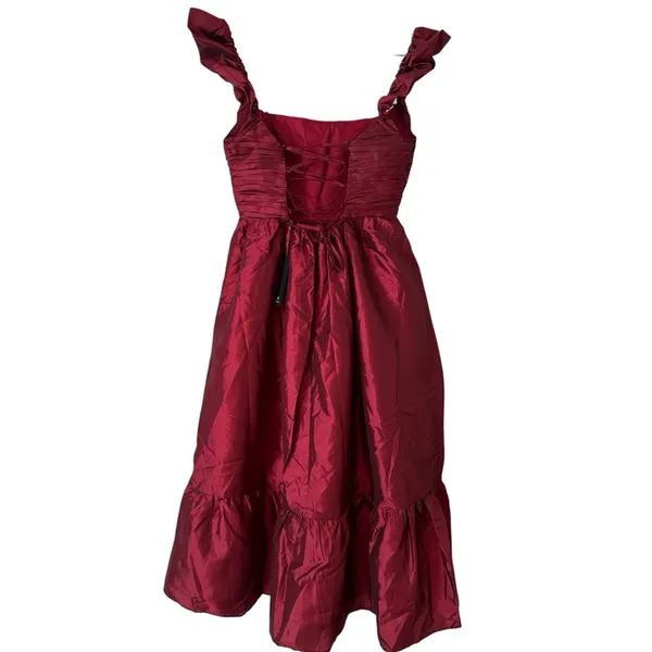 NWT Lulus Poised Passion Wine Red Taffeta Pleated Ruffled Midi Dress Size Small - Image 3