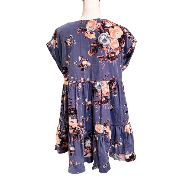 Free People Blue Floral Corduroy Babydoll Tunic Dress Button Front‎ Size Medium - Image 2