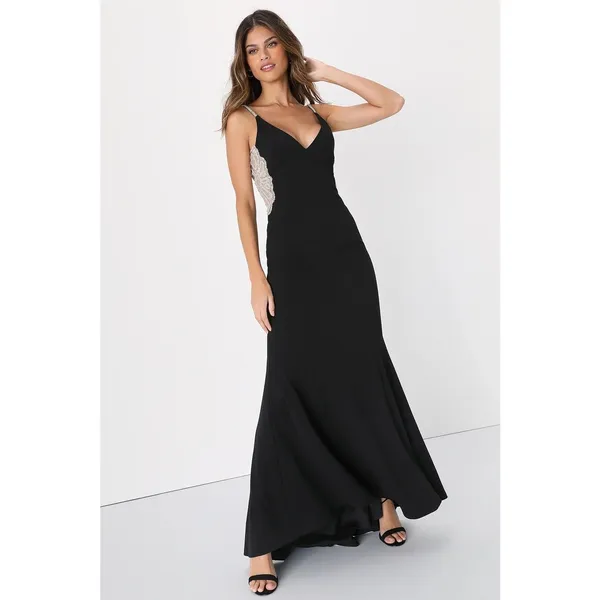 NWOT Lulus True Luxe Black Rhinestone Cutout Sleeveless Maxi Dress Wedding Sz M - Image 2