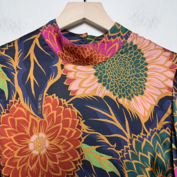 Farm Rio Women Top Small Multicolor Vintage Garden Satin Mock‎ Neck Puff Sleeve - Image 3
