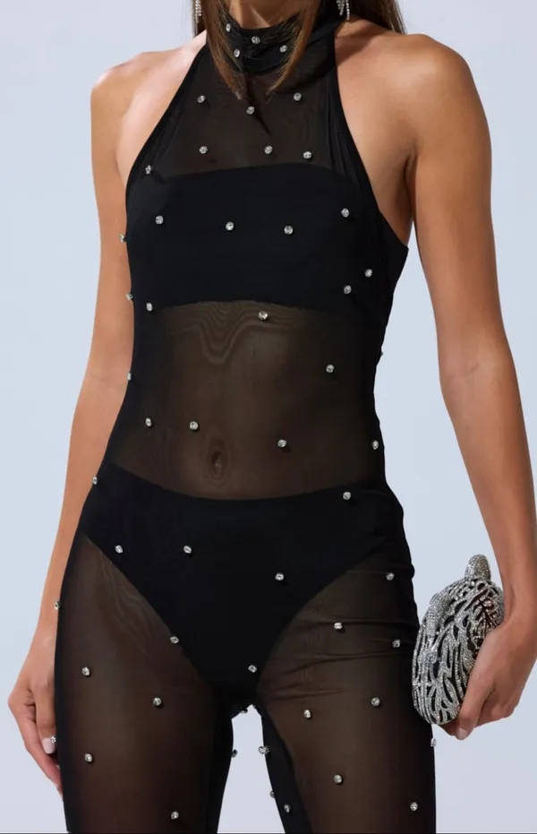 Akira NWT black sexy Alex mock neckline backless Rhinestone Mesh Jumpsuit XL - Image 3
