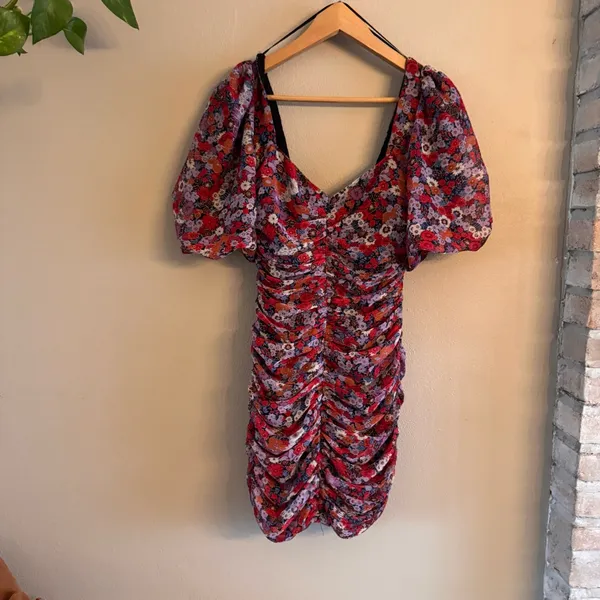 ZARA Shimmer‎ Floral Puff Sleeve Mini Dress - Image 2