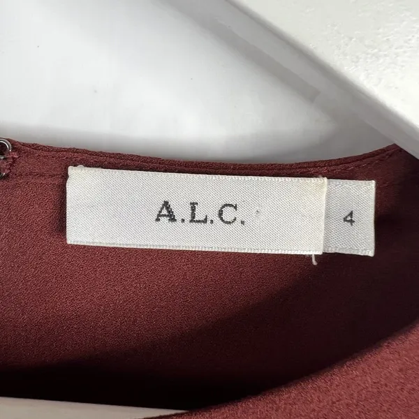 ALC Frank Size 4 Silk Blouse Open Back Ruffle Sleeve Burgundy Elegant Evening Top - Image 4