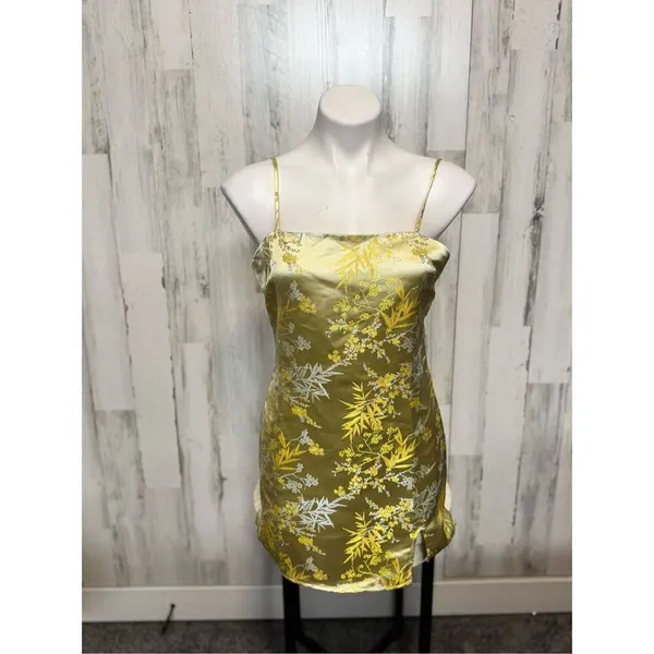 Forever 21 Yellow Gold Satin Brocade Mini Dress Womens Size Medium M Floral Slip - Image 2