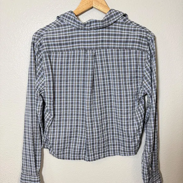 Aerie Plaid Cropped Button Up Shirt Womens XS Blue‎ Grey Long Sleeve Casual - Image 6
