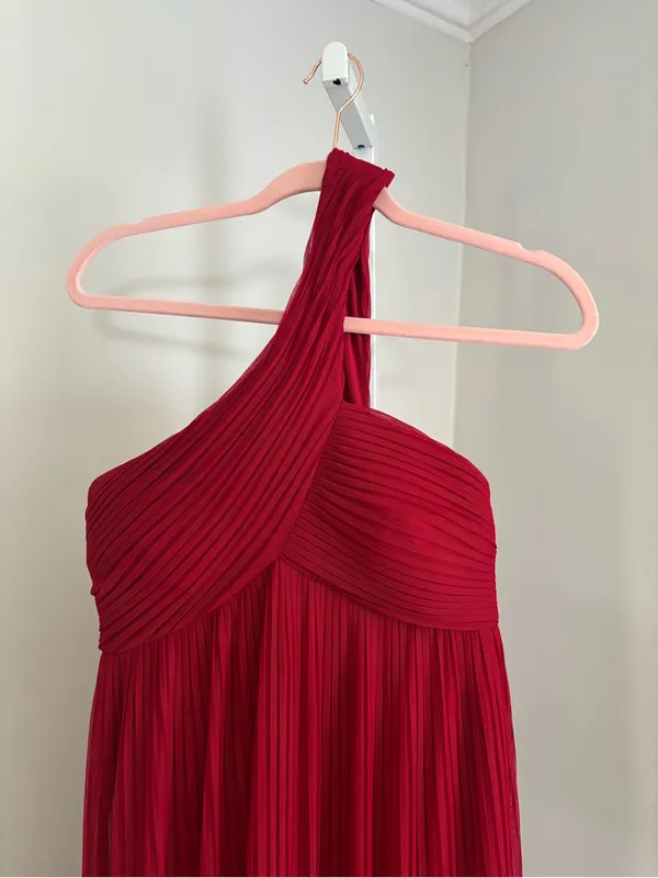 Calvin Klein Women’s Size 4 One-Shoulder Red Pleated Maxi Dress Flowy Mesh Gown - Image 4