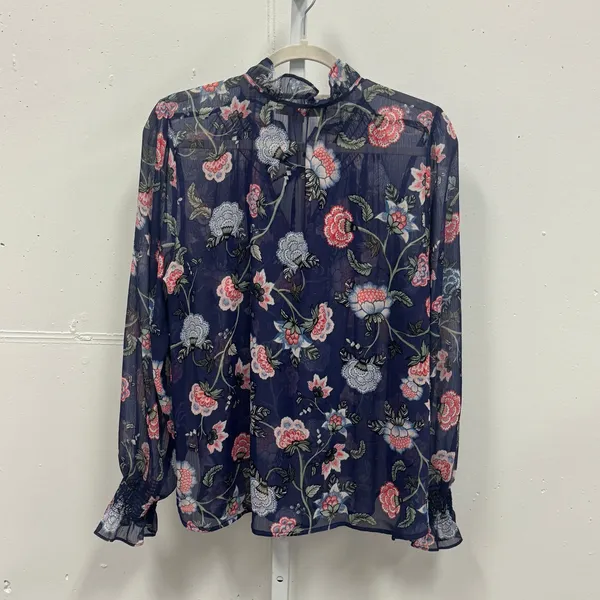 LOFT Floral Chiffon Ruffle Tie Neck Smocked Cuff Blouse Large Navy Blue Sheer - Image 2